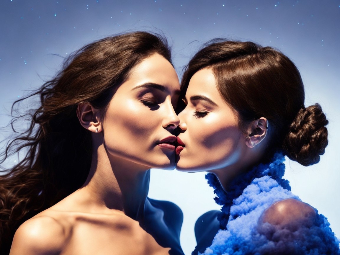 Tender Embrace of Two Women Under Starry Sky