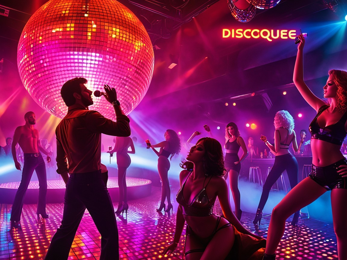 Vibrant Disco Scene with Sparkling Ball and Dancers