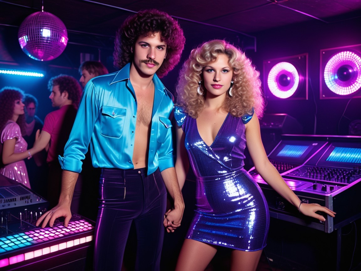 Vibrant Disco Scene with Stylish Couple and Colorful Lights