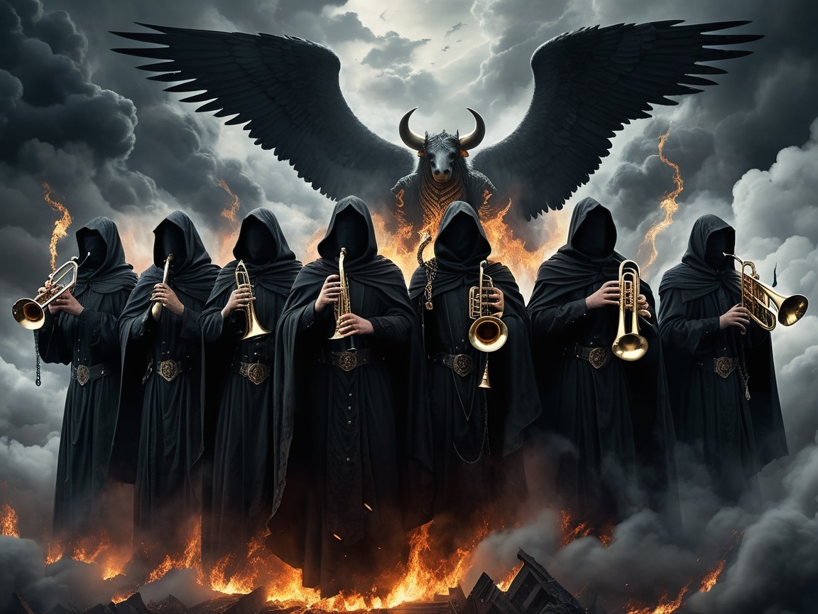 Hooded Figures with Brass Instruments in Ominous Setting