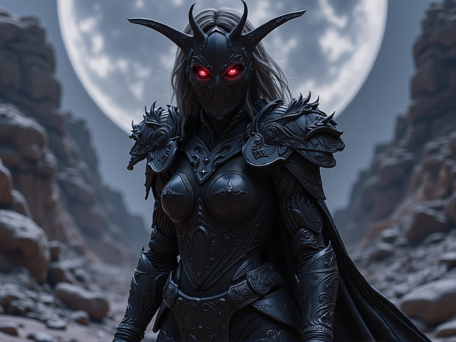Fantasy Female Warrior in Black Armor with Moonlit Canyon