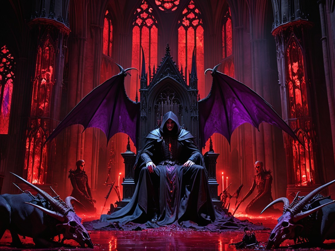 Gothic Cathedral Scene with Hooded Figure and Creatures