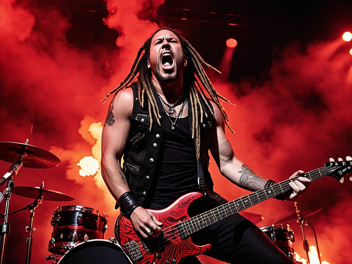 Musician Performing on Stage with Electric Bass Guitar