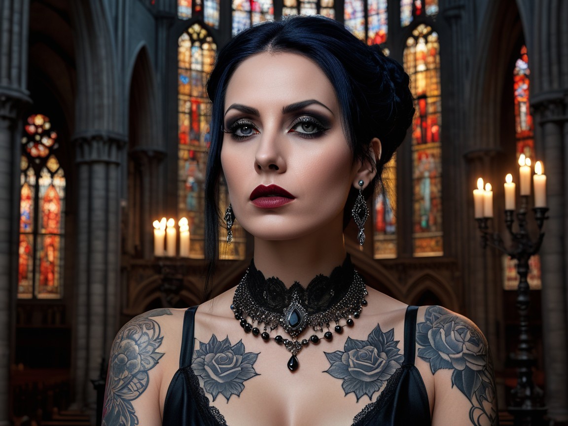Elegant Woman with Tattoos in Gothic Cathedral Setting