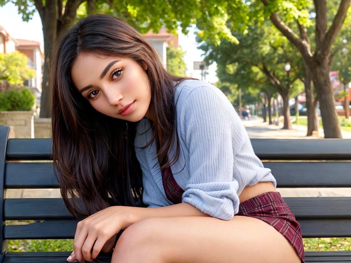 Young woman on park bench in serene setting