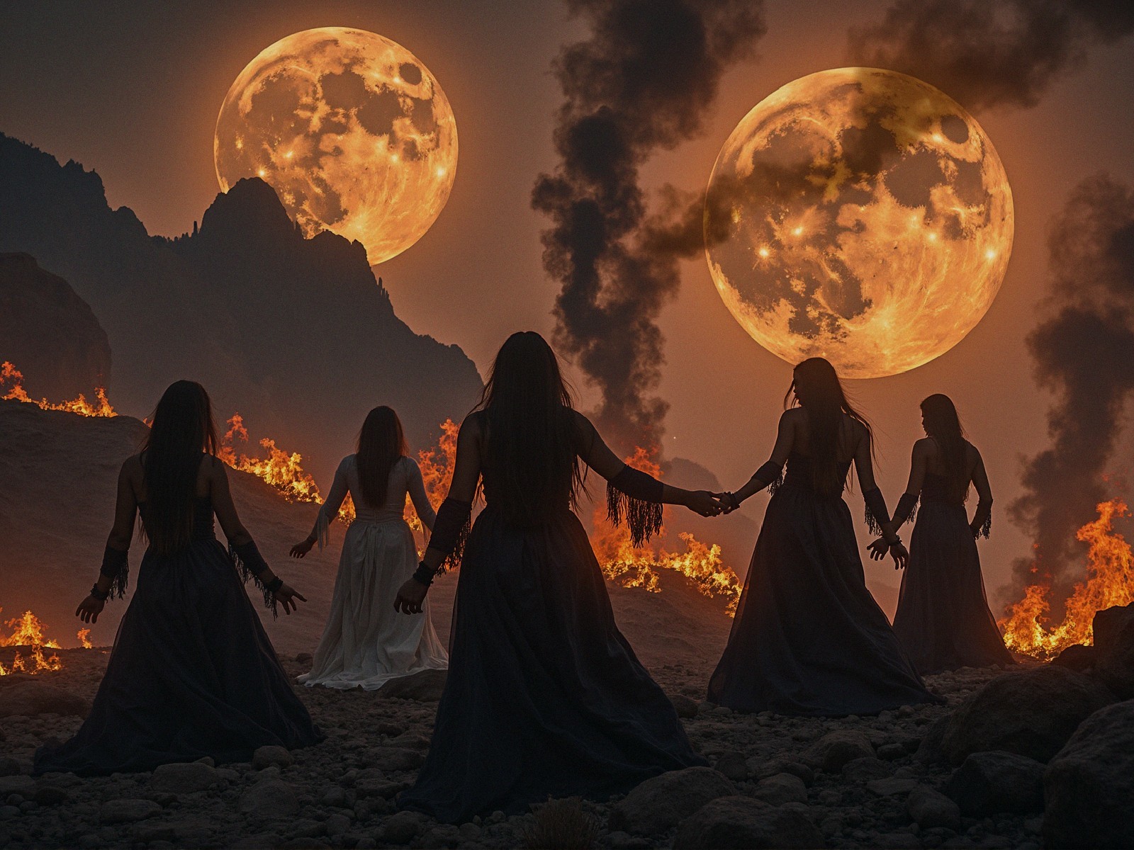 Five Women in Dark Robes Under Dual Fiery Moons