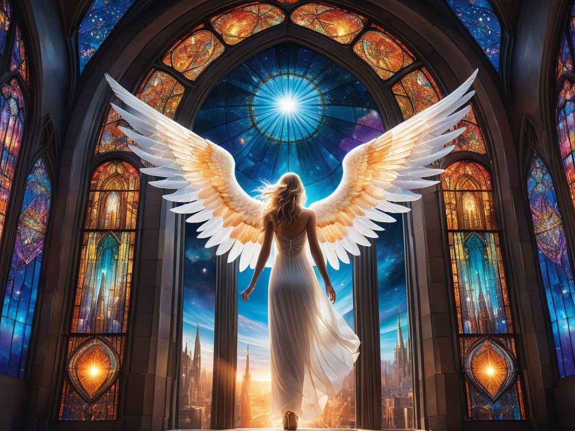Serene angel in a cathedral with stained glass windows