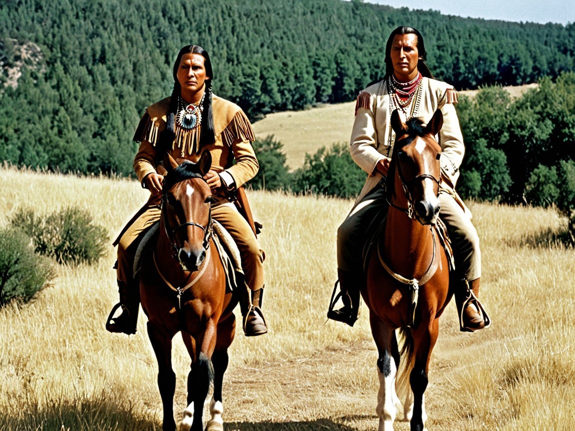 Native American Men on Horses in a Sunlit Field