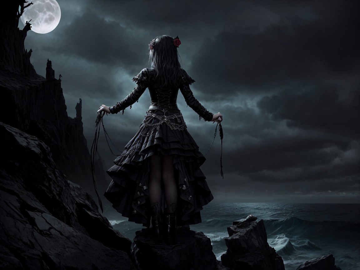 Figure in Black Gown on Cliffs Overlooking Stormy Sea