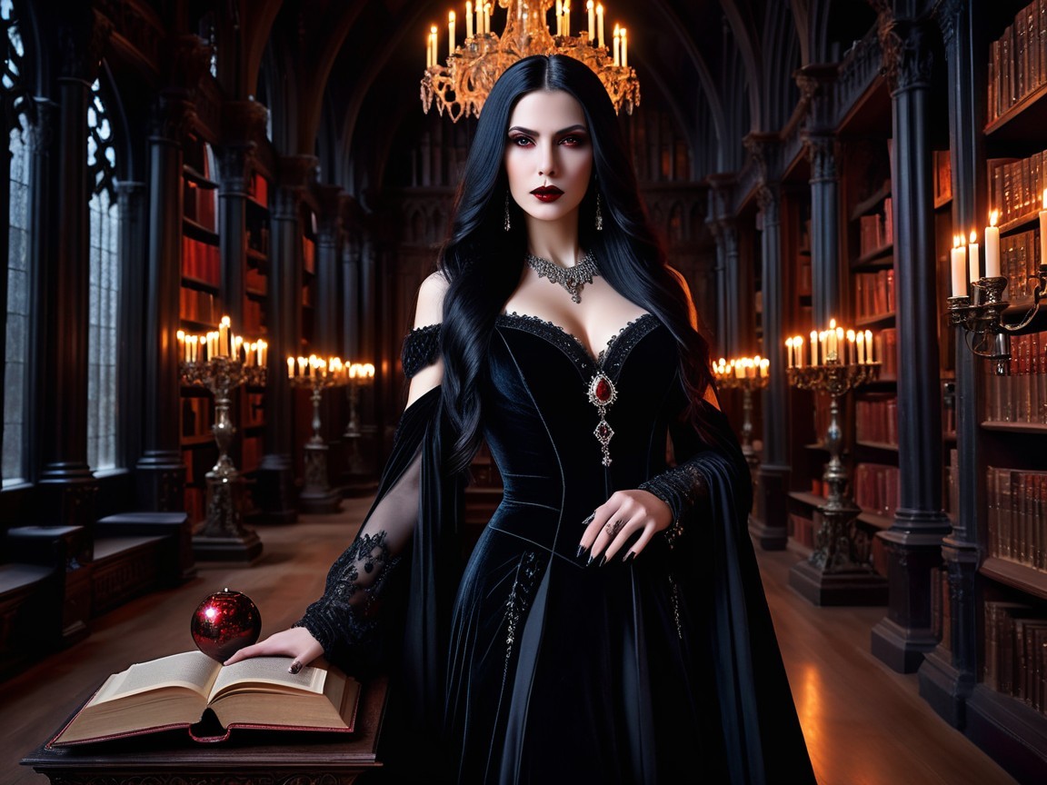 Elegant Figure in Dimly-Lit Library with Ancient Book
