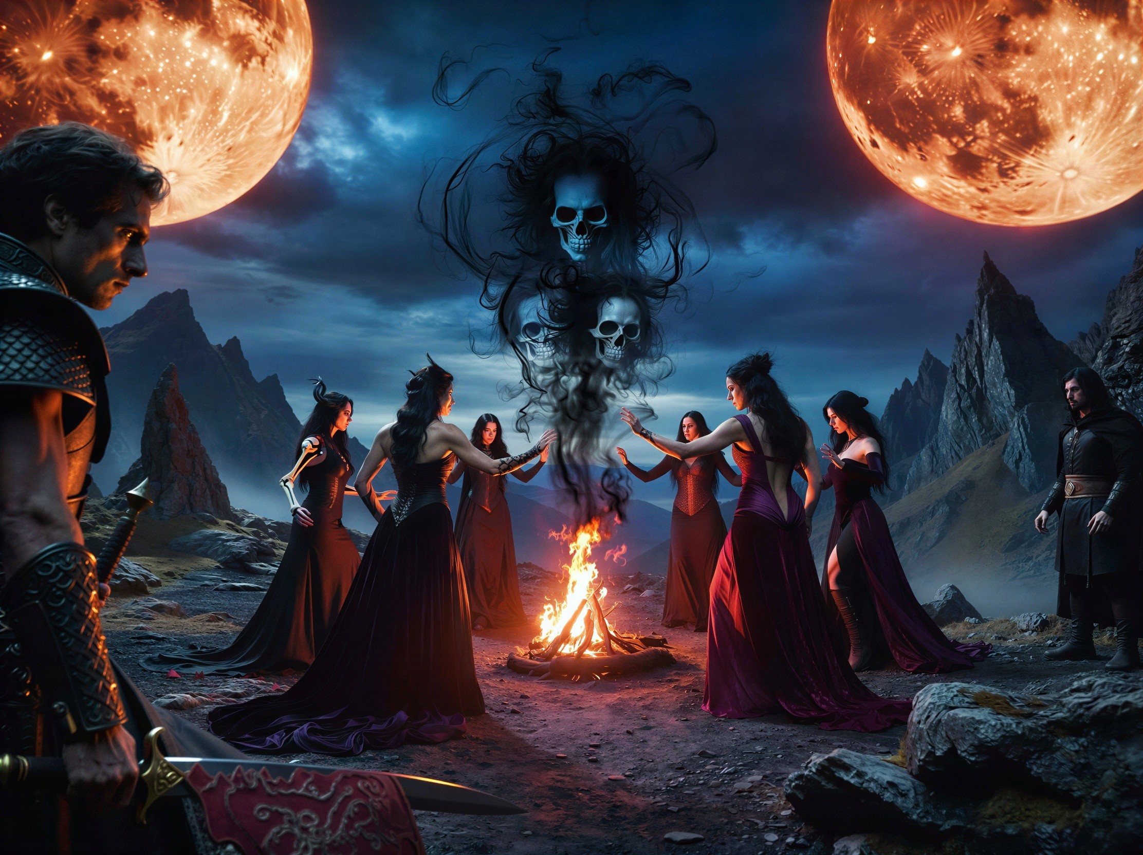 Group of Witches Performing Dark Ritual by Campfire