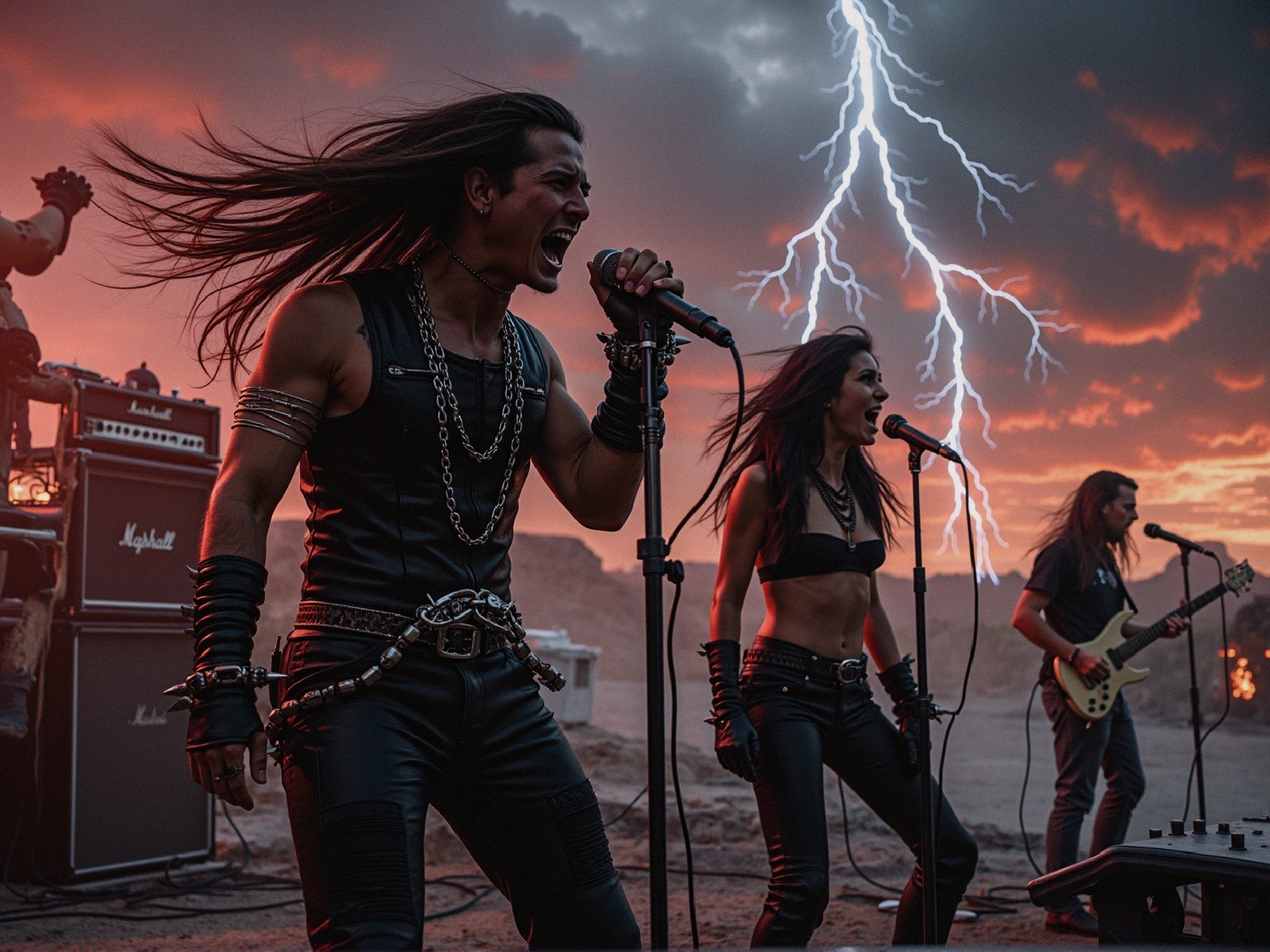 Rock Band Performance Against Dramatic Lightning Backdrop