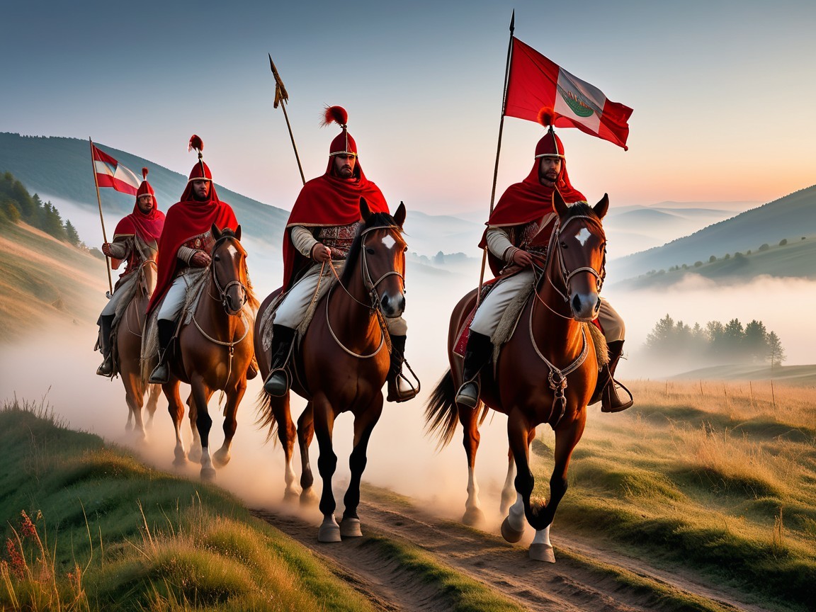 Mounted Warriors in Red Cloaks in Misty Landscape
