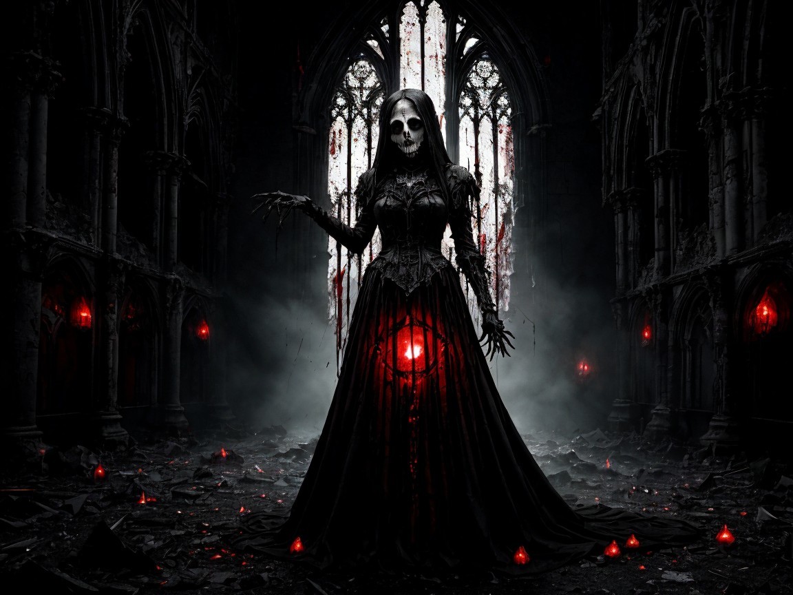 Gothic Figure in Black Gown Among Crumbling Cathedral