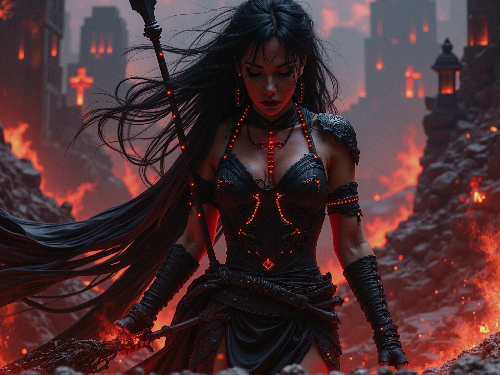 Powerful figure in dark armor in apocalyptic landscape