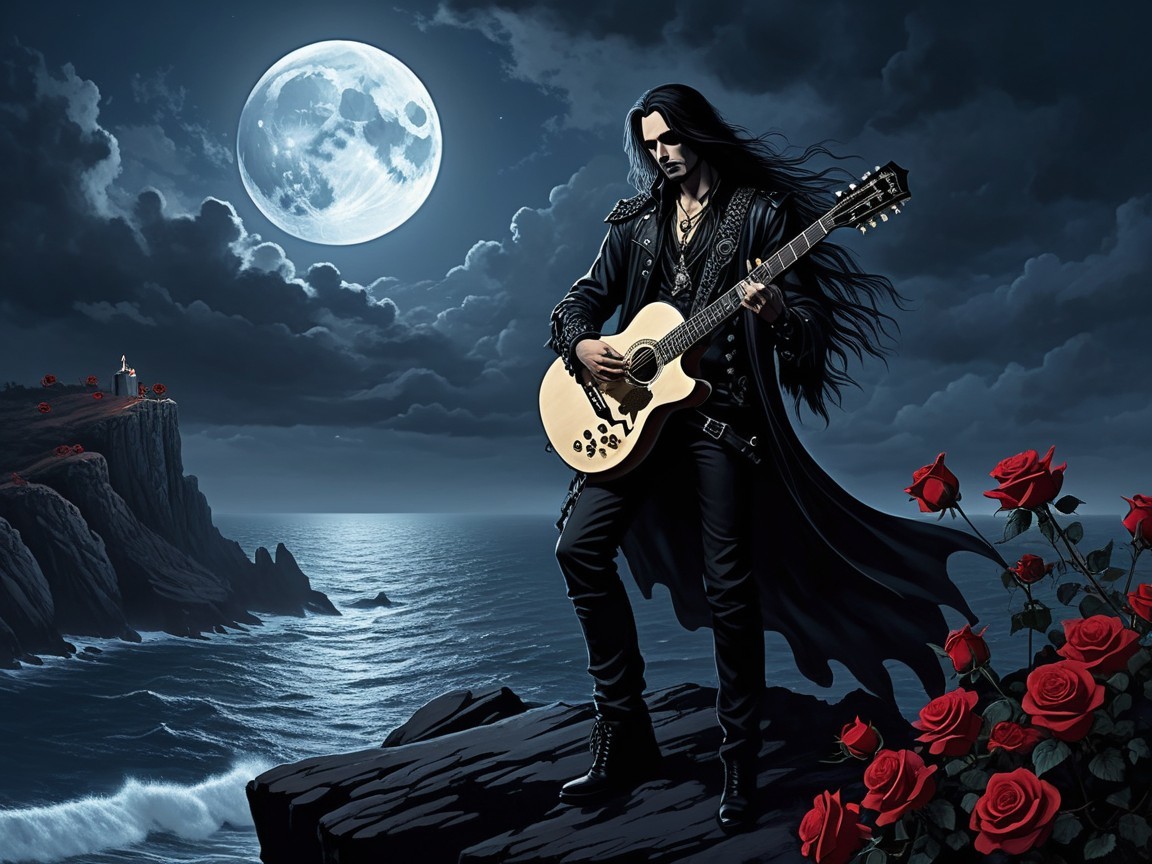 Mysterious Figure on Rocky Shore Under Full Moon