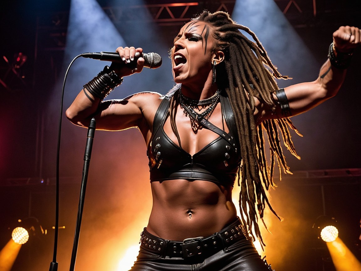 Powerful Female Vocalist in Striking Performance Outfit