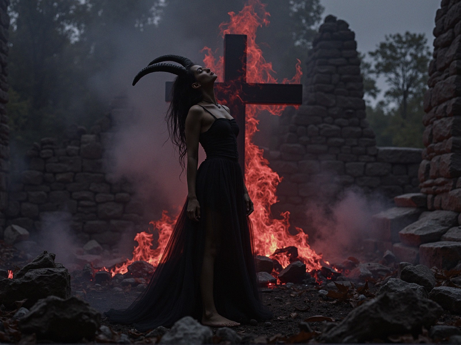 Dark-skinned woman with horns in front of flaming cross