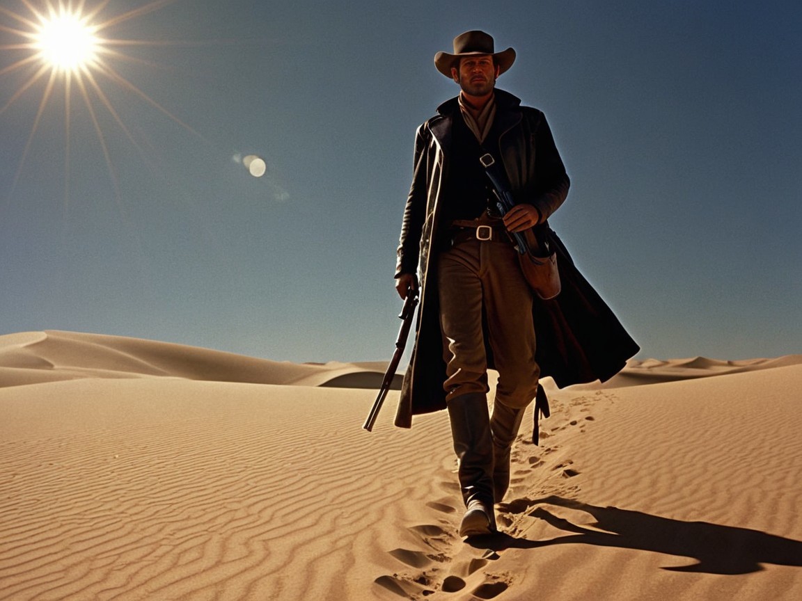 Lone Figure in Desert Landscape with Rolling Dunes