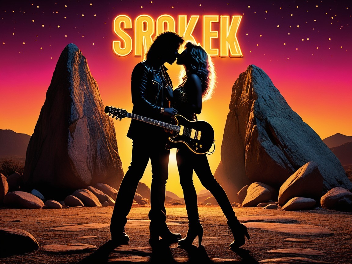 Sunset Scene with Silhouetted Kiss and Rock Formations