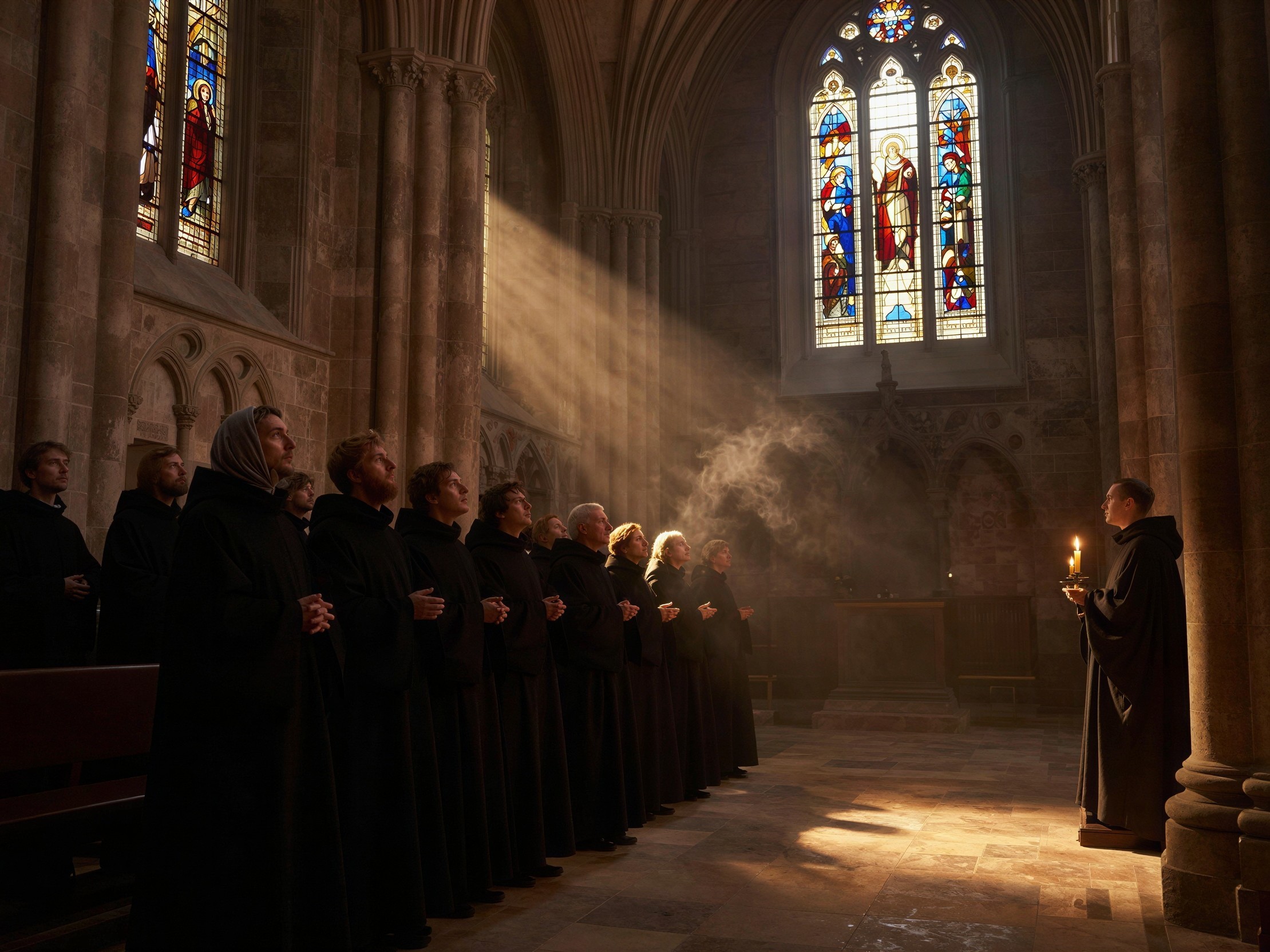 Monks in Ornate Gothic Cathedral with Stained Glass