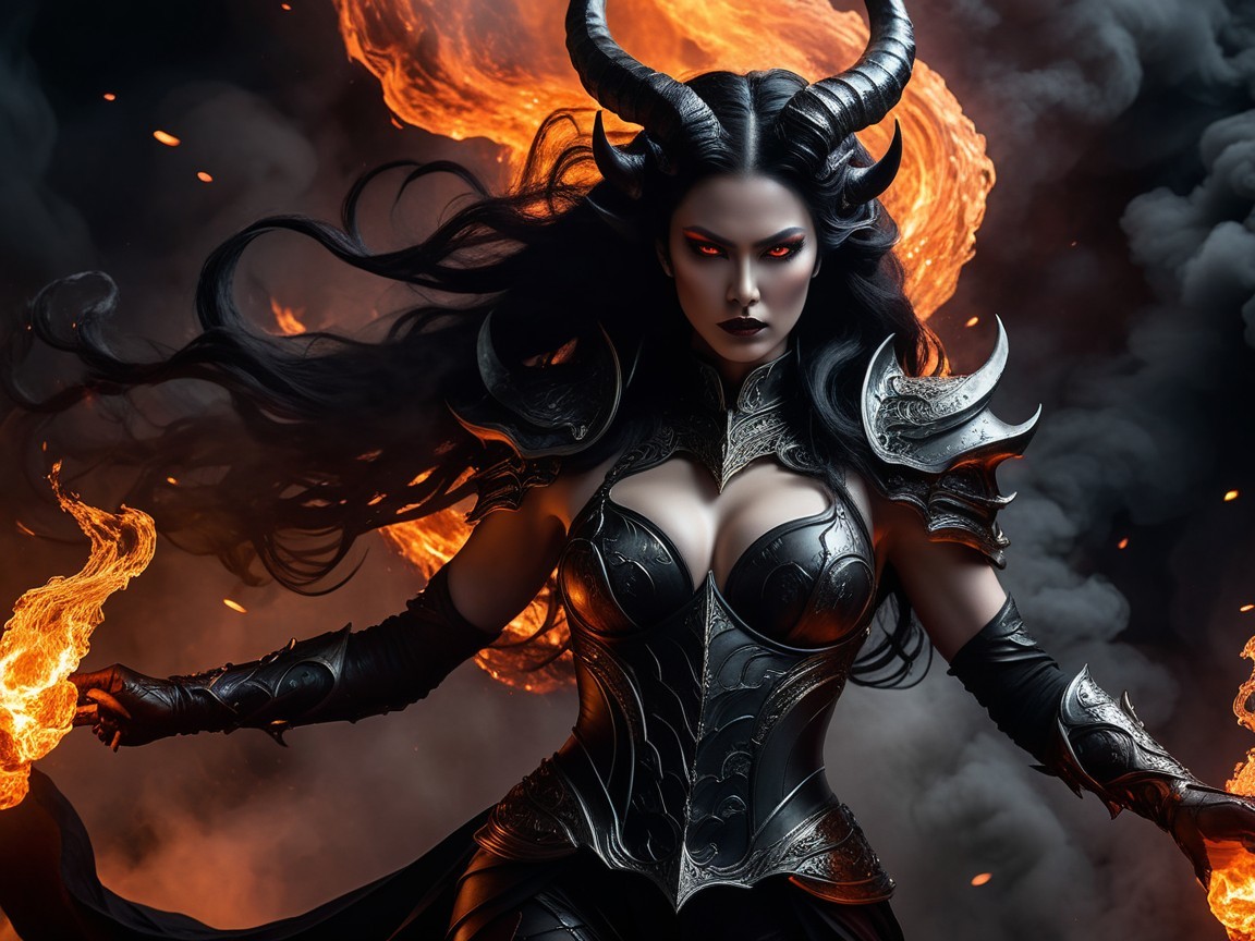 Powerful female figure in black armor with flames