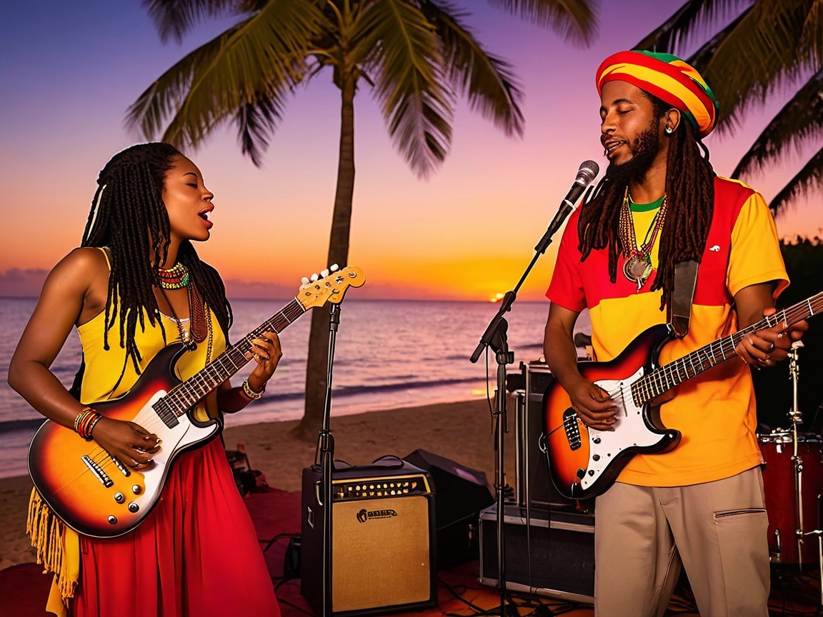 Vibrant Beach Sunset with Musicians and Palm Trees