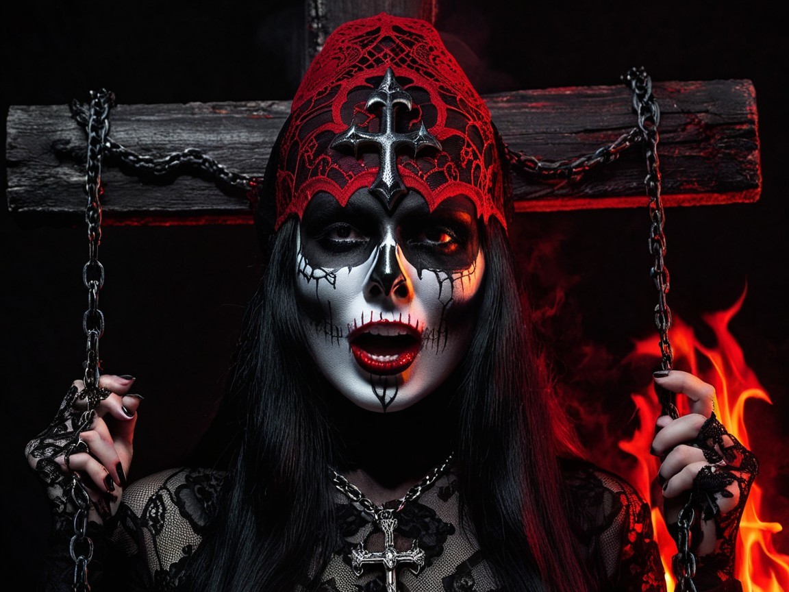Gothic Figure in Red Lace with Skull Face Paint