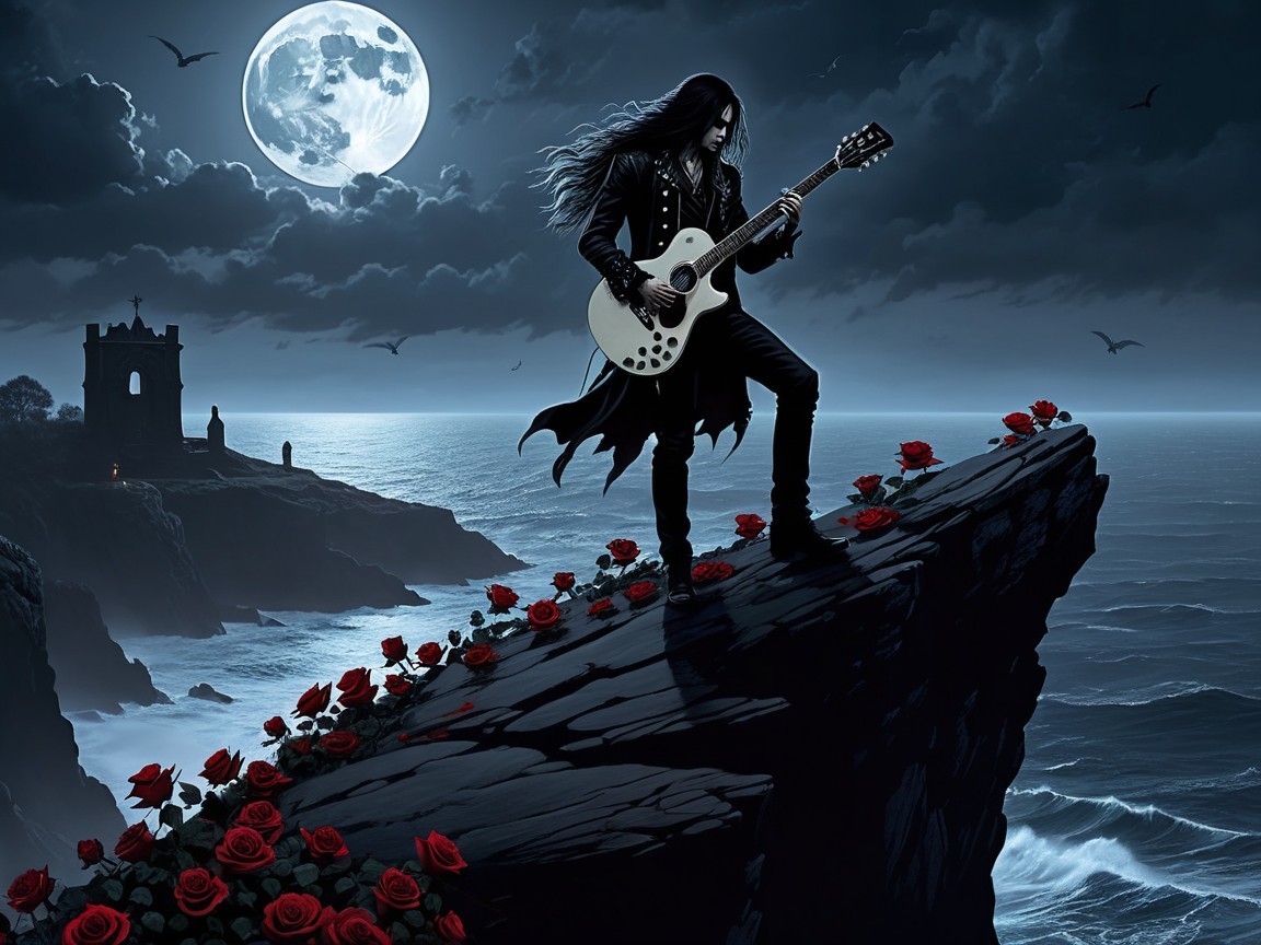 Gothic Cliff Scene with Guitarist and Full Moon