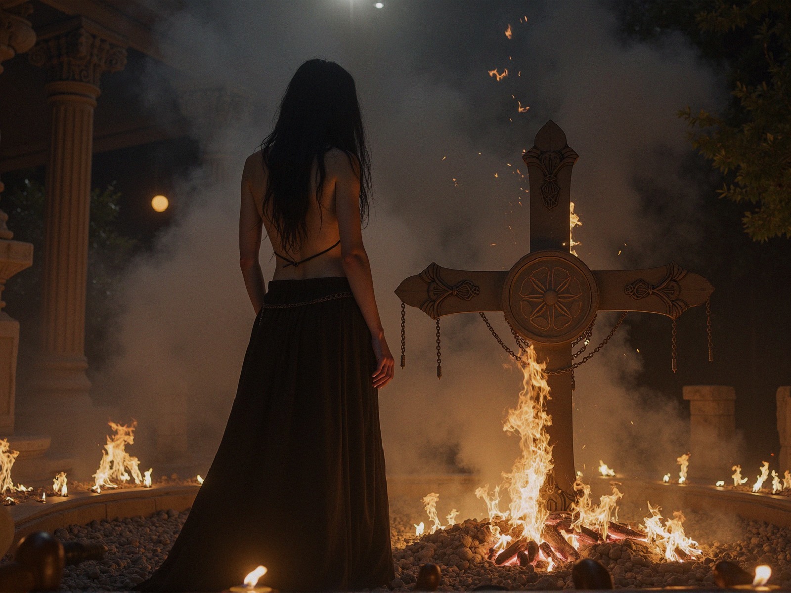 Woman in Black Attire Before Giant Carved Cross in Flames