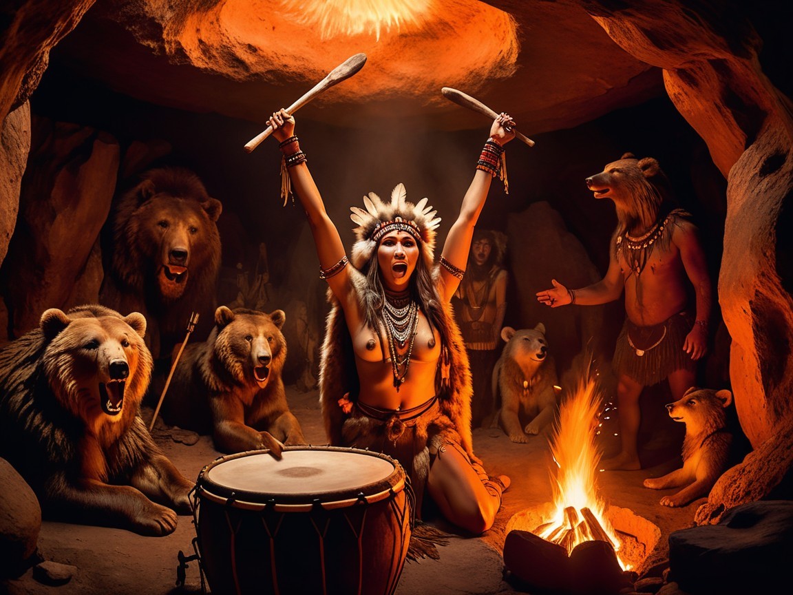 Tribal Dance in a Dim Cave Surrounded by Bears