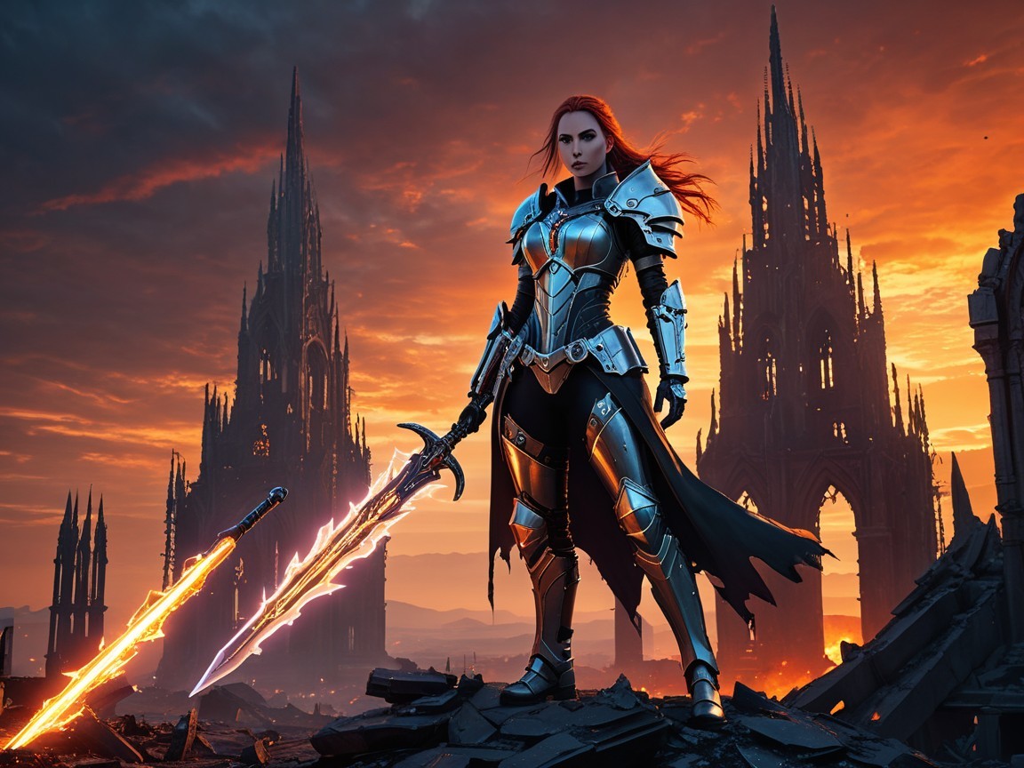 Fierce Warrior in Ornate Armor at Fiery Sunset