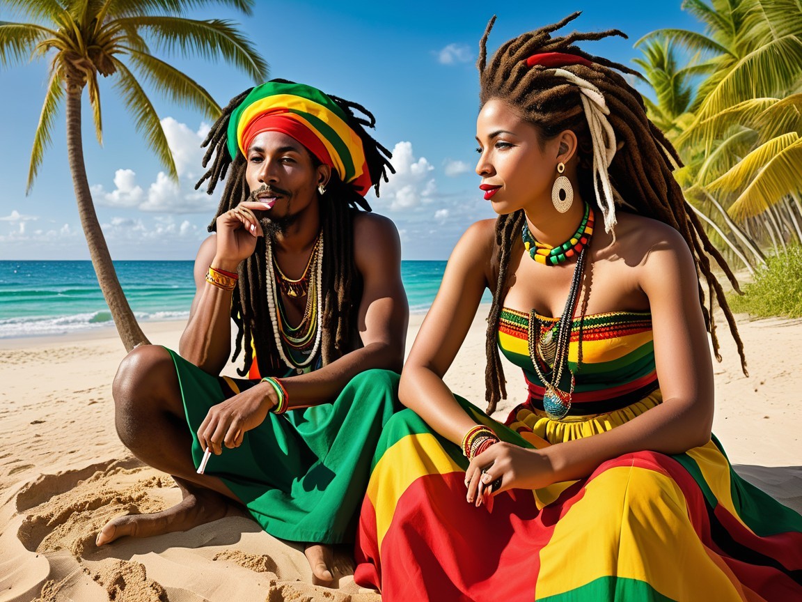 Vibrant Beach Scene with Reggae-Inspired Attire