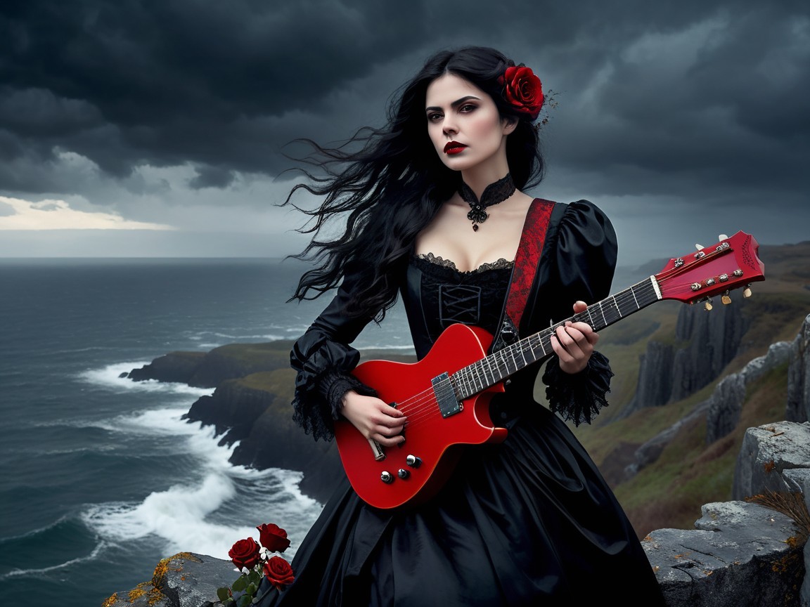 Figure in Black Gown with Red Guitar on Cliff