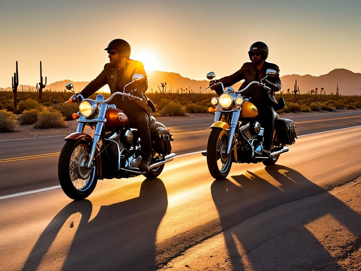 Motorcyclists on Desert Road at Sunset with Cacti