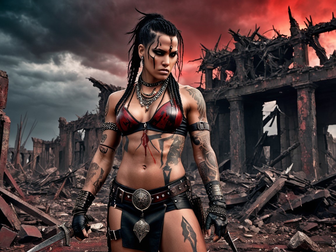 Fierce Female Warrior in Post-Apocalyptic City Ruins