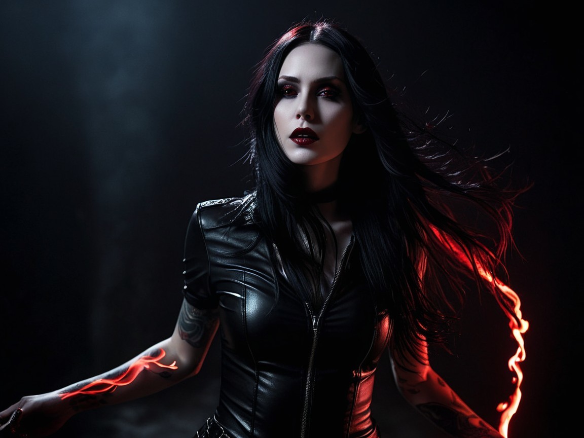 Striking figure in dark environment with glowing accents