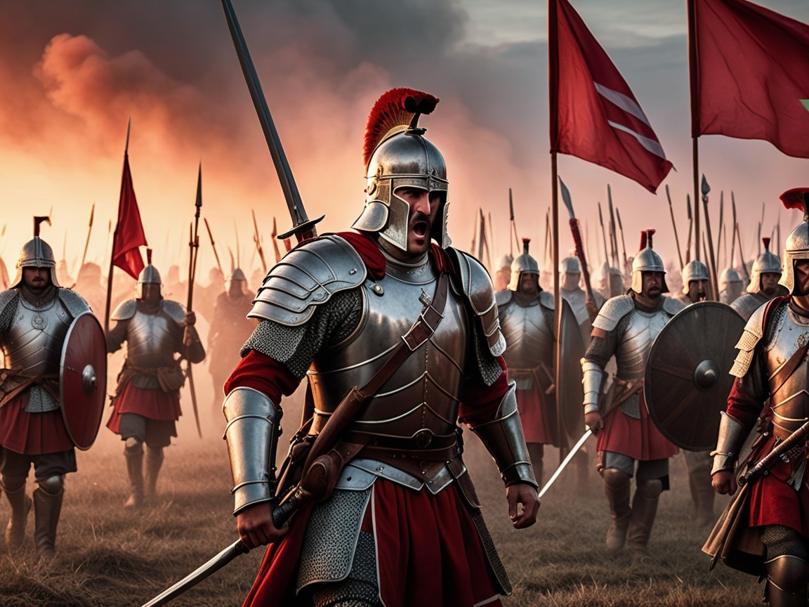 Armored Soldiers on a Misty Battlefield at Sunset
