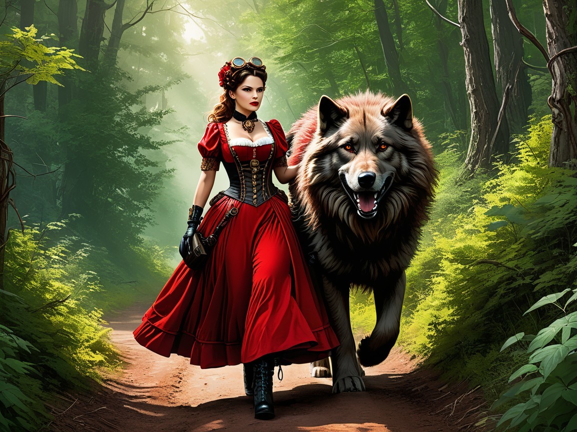 Woman in Red Dress with Wolf in Enchanted Forest