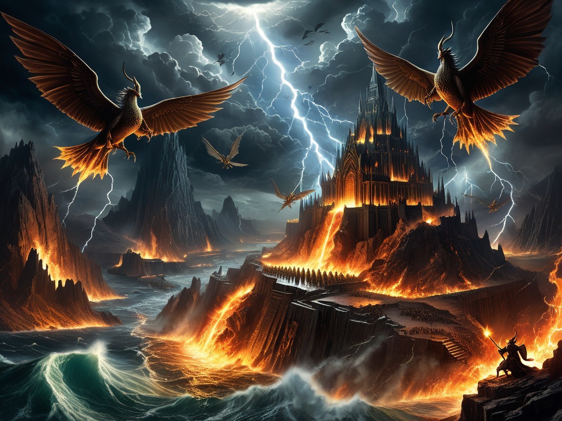 Dramatic Landscape of Fiery Castle and Stormy Skies