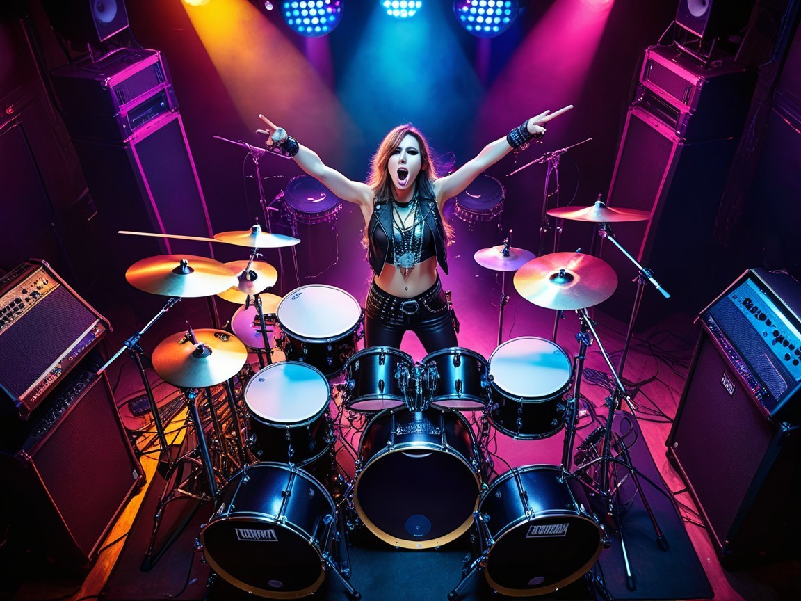 Female Drummer Performing in Vibrant Rock Scene