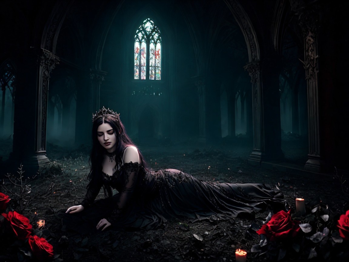 Gothic Cathedral Scene with Young Woman in Black Gown