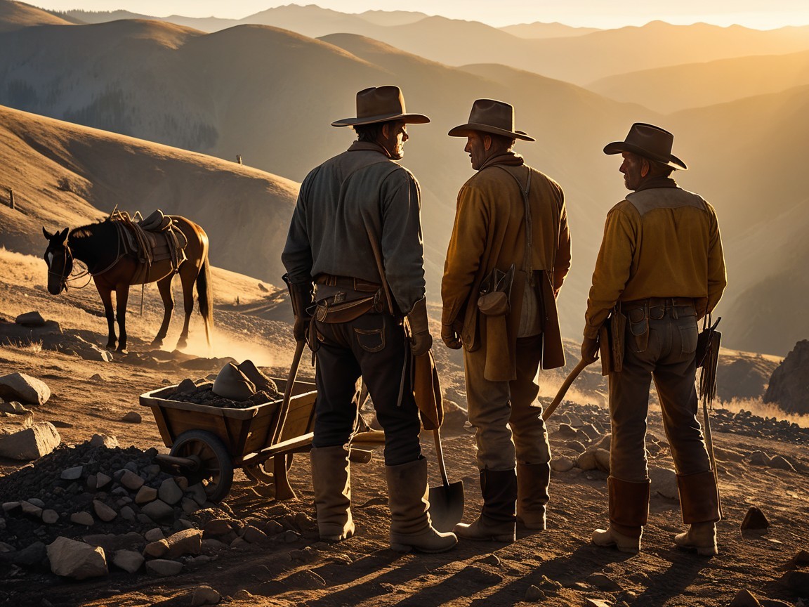 Miners on a hillside at sunset with rustic elements