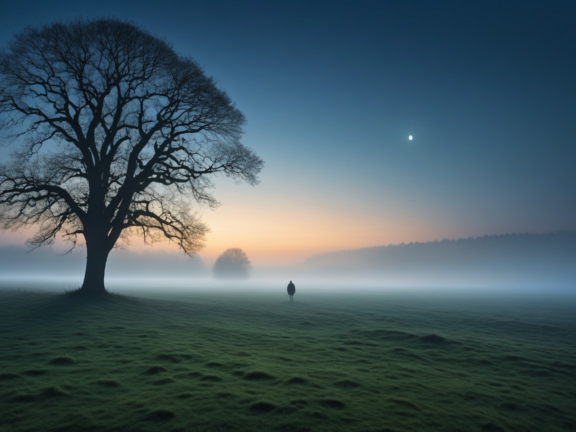 Tranquil Dawn Scene in a Misty Green Field