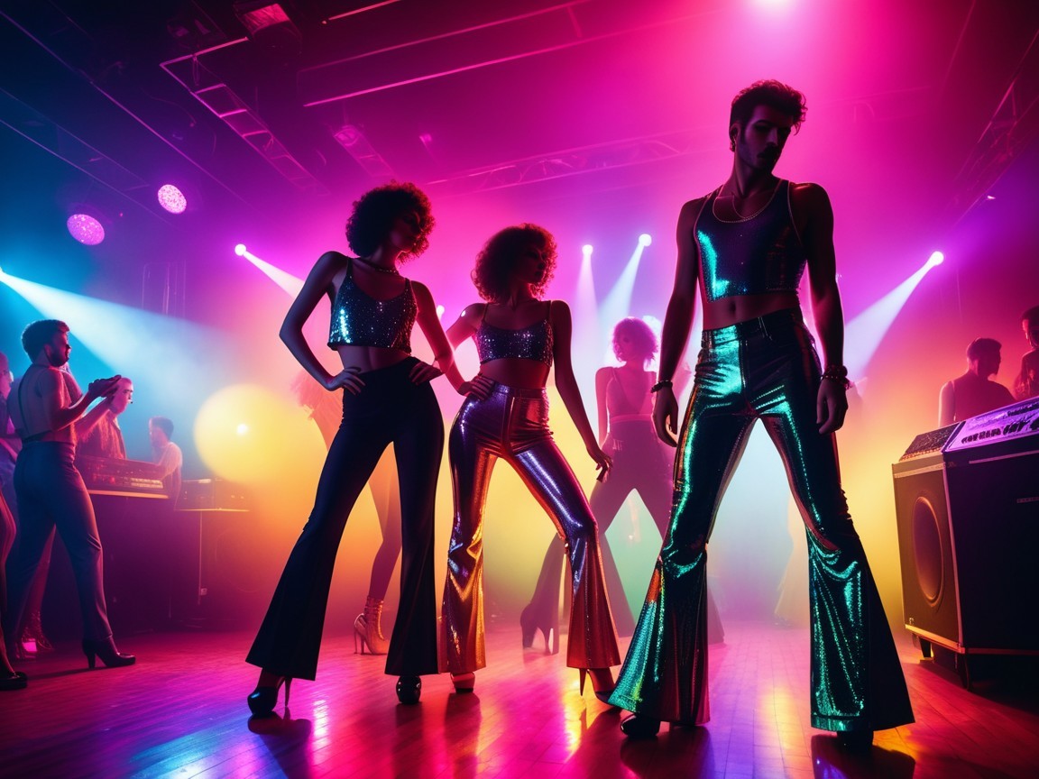Vibrant Dance Floor with Colorful LED Lights and Dancers