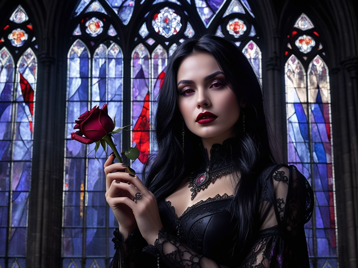 Gothic Woman with Rose by Stained-Glass Window