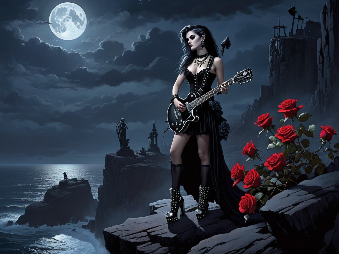 Night Scene of Woman Playing Guitar on Cliffside