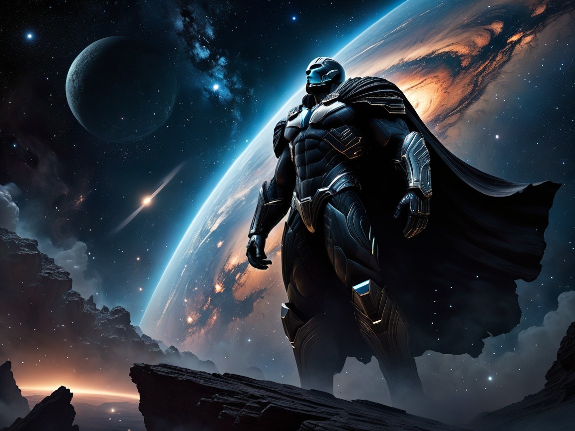 Superhero in Black Armor Against Cosmic Galaxy Backdrop