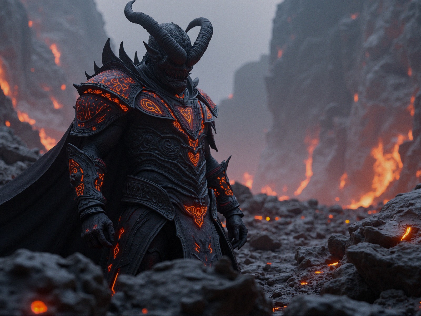 Close-up of a horned orc warrior in dark armor