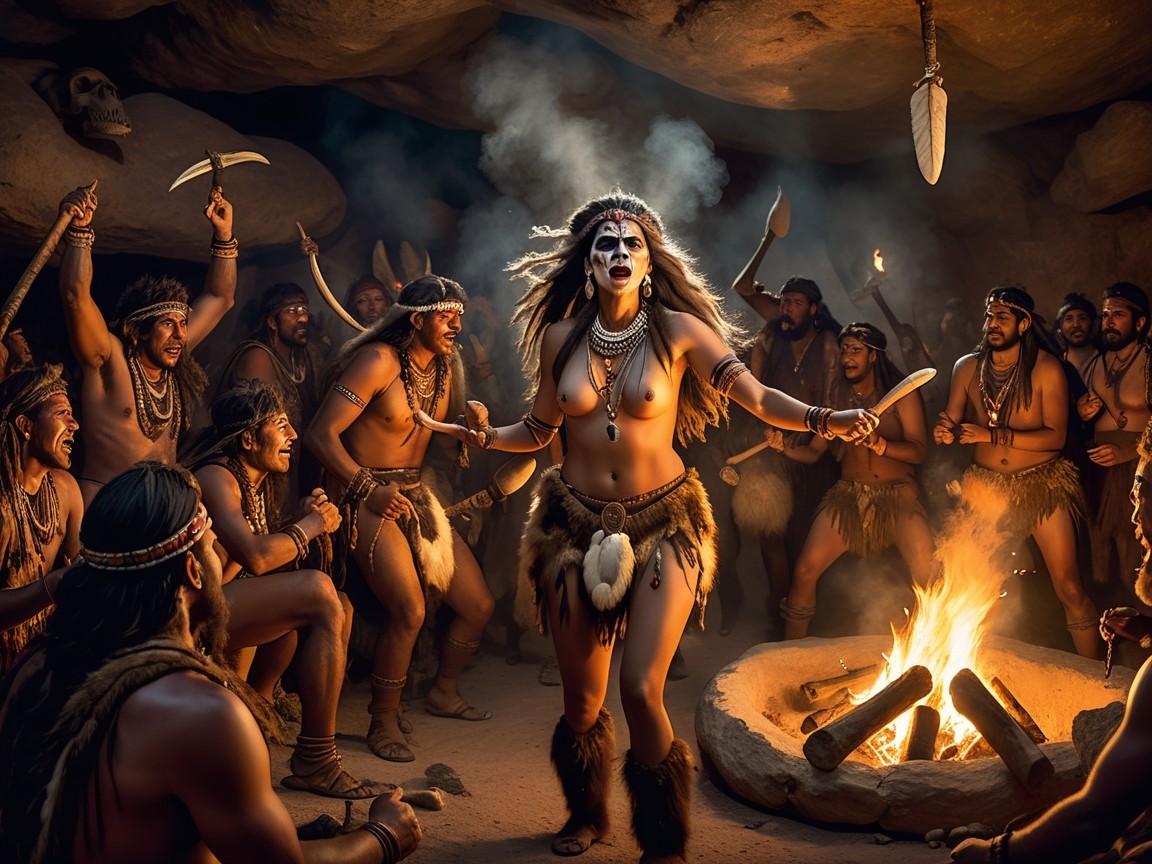 Ceremonial Dance of Ancient Tribal People in Cave